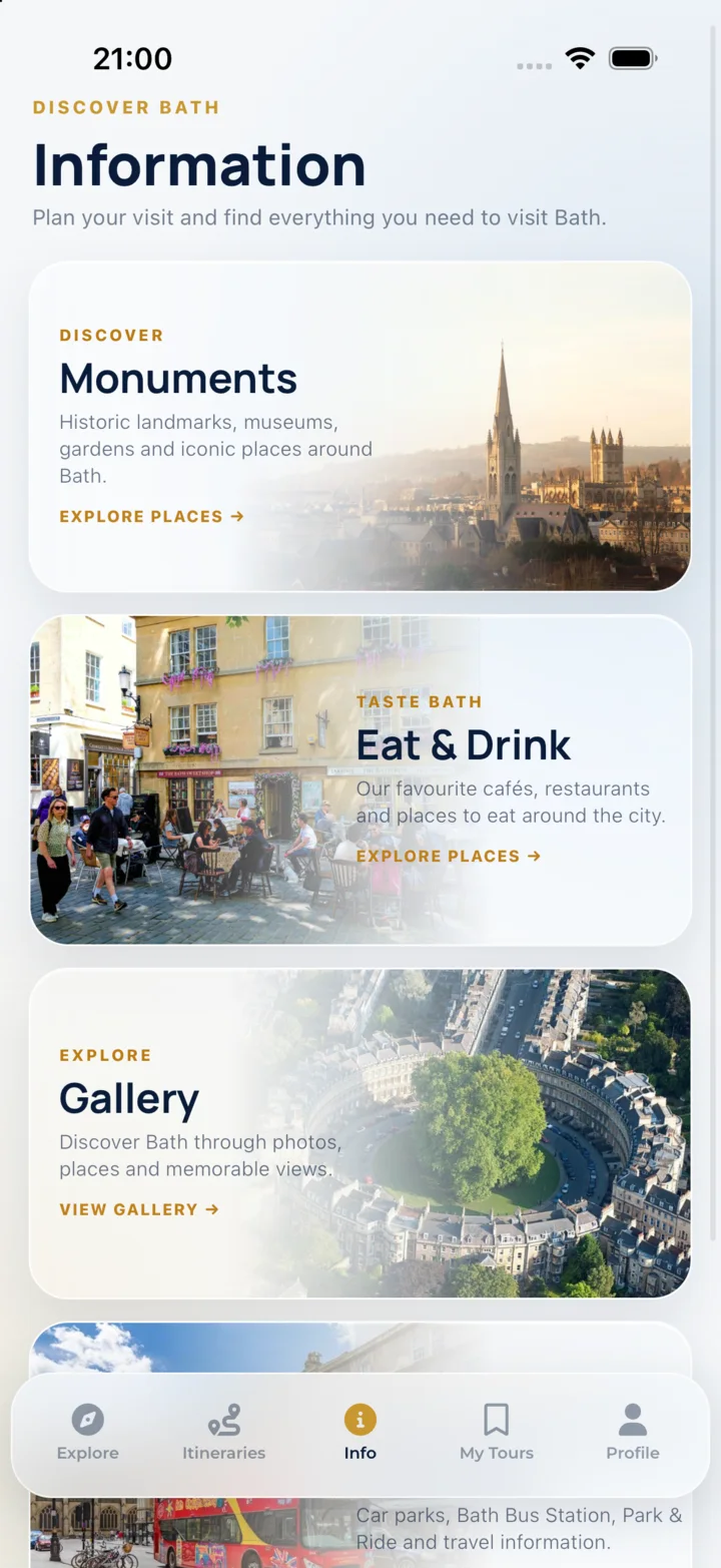 Information tab: monuments, food and drink, gallery