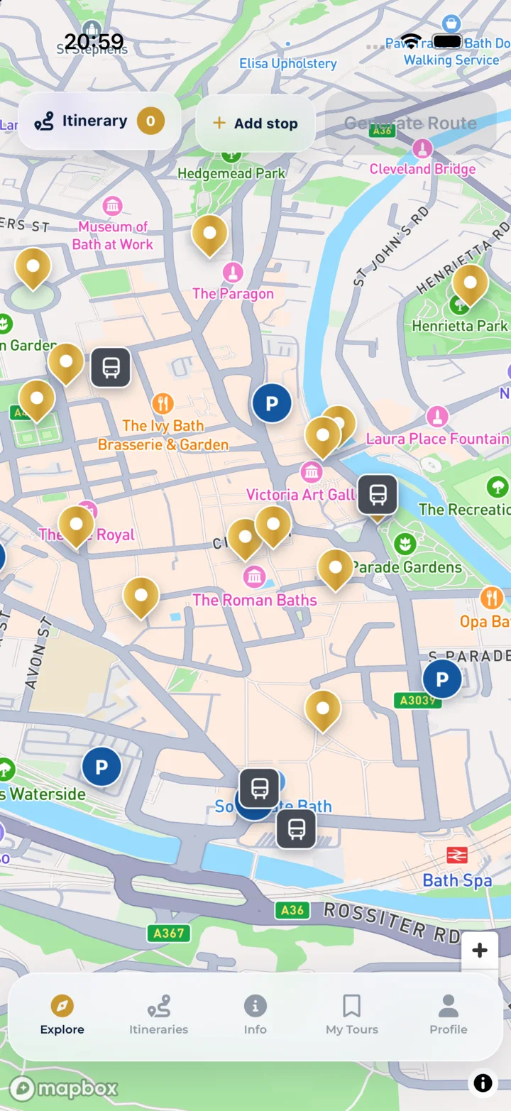 The Bath Tour map showing attractions, parking and bus stops